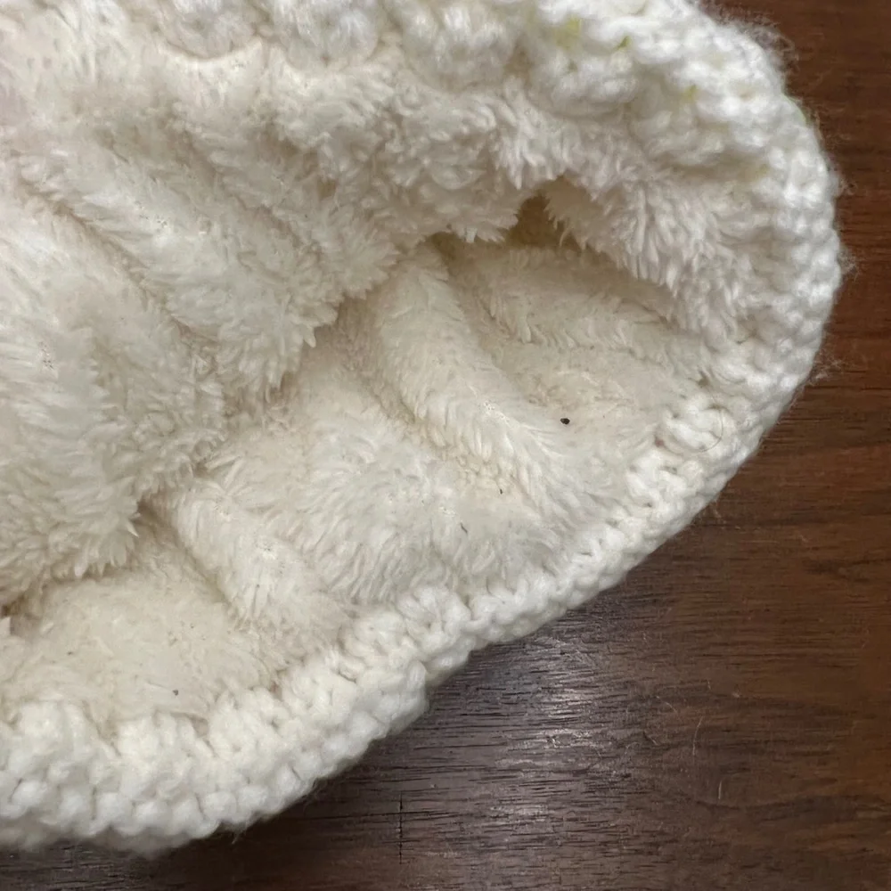 Beanie, white pom fleece lined beanie with colorful‎ stitching